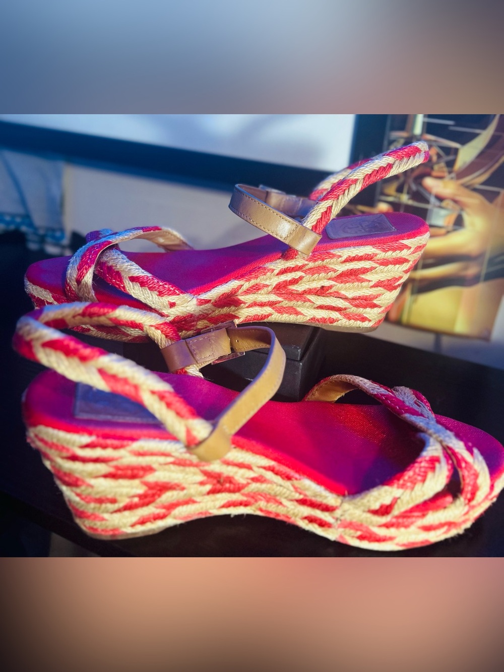Tory Burch Red/Pink and Tan Camelia Espadrille Wedge Sandals - Picture 3 of 10